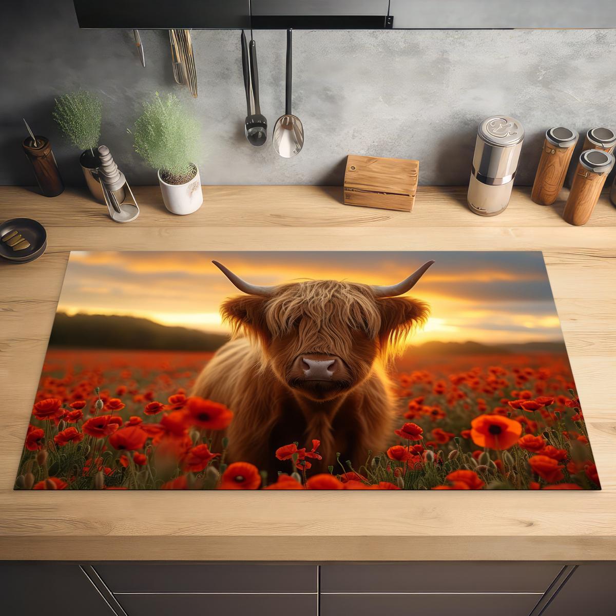 HERDABDECKPLATTE Schottische Highlander - Rosen - Blumenfeld - Sonnenuntergang Ceranfeldabdeckung 90x52 cm - Rotbraun, Kunststoff (90/52/0.2cm) - MuchoWow