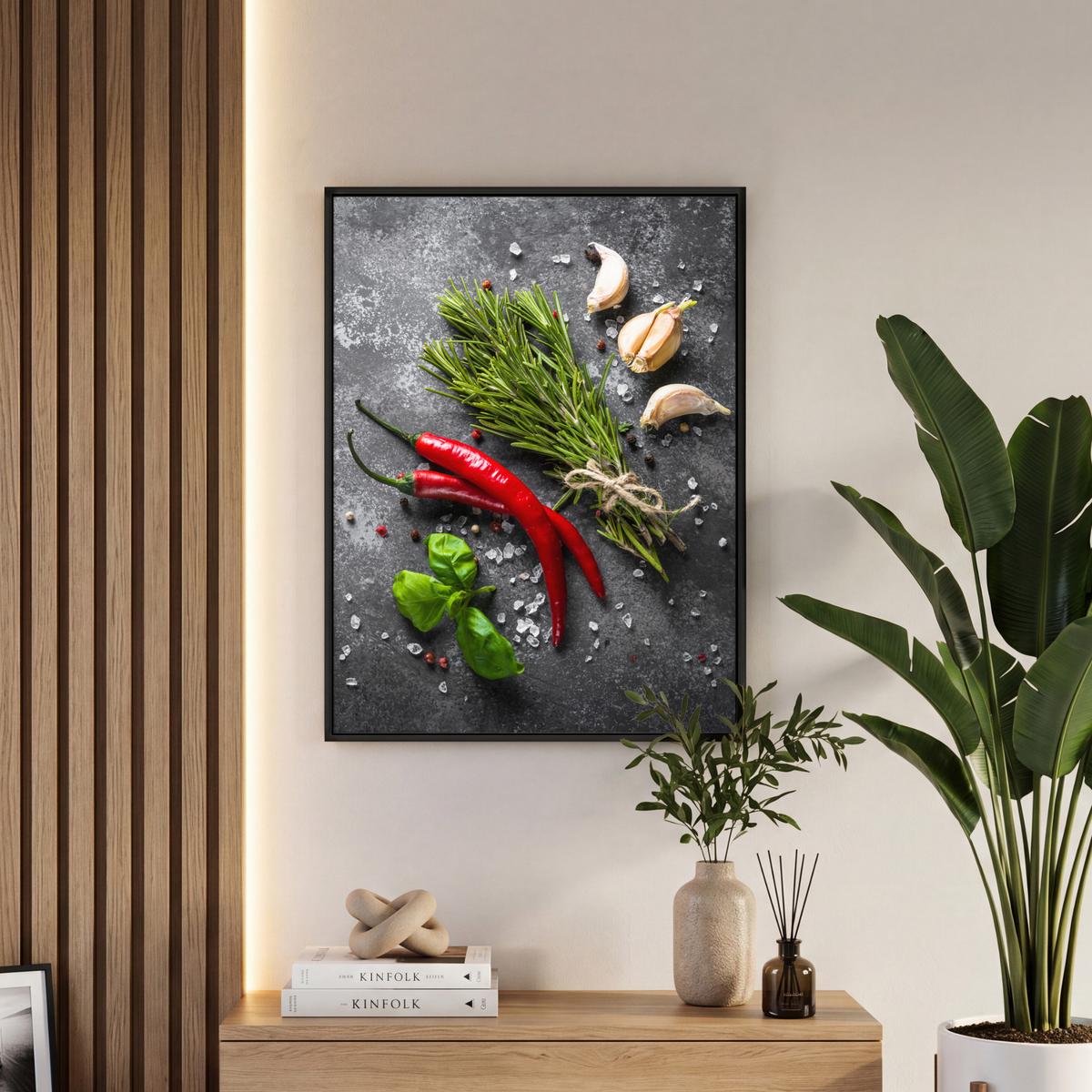 LEINWAND Bilder mit Rahmen - Pfeffer - Kräuter - Gewürze - Beton - 50x70 - Dunkelgrau, Textil (50/70cm) - MuchoWow