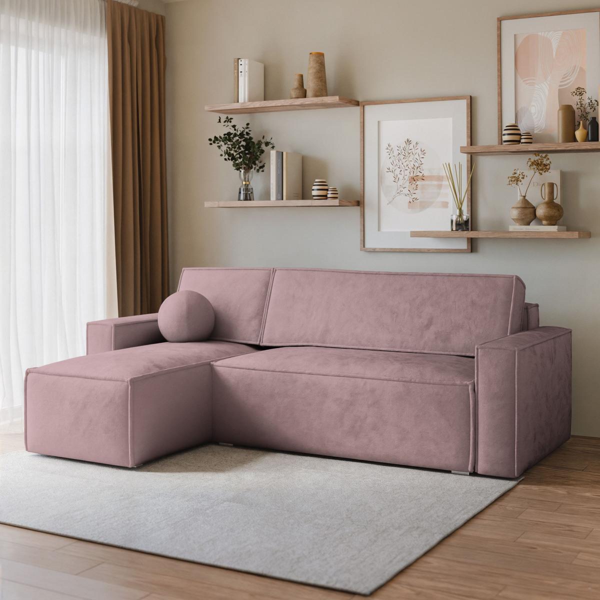 ECKSOFA RAVELO M Lila Velours-Stoff mit Schlaffunktion - Lila/Grau, Holz/Kunststoff (240/140cm) - MASSENO