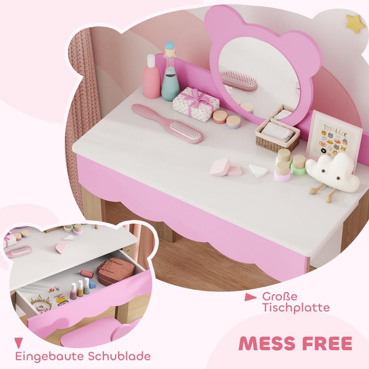 KINDER Schminktisch Set Frisiertisch mit Hocker Spiegel Schubladen Kosmetiktisch - Rosa/Naturfarben, Holzwerkstoff (35/86/68cm) - AIYAPLAY