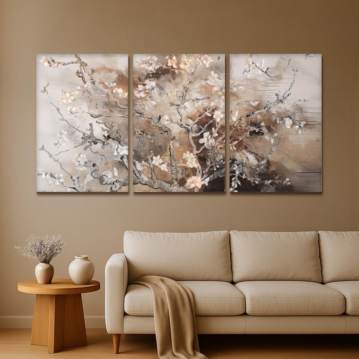 LEINWANDBILD 3er Set Mandelblüte - Abstrakt - Beige 240x120 cm - Beige, Textil (240/120cm) - MuchoWow