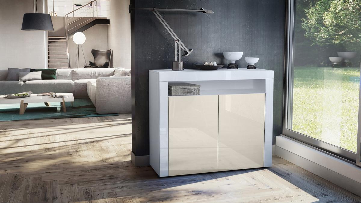 KOMMODE Valencia Creme Hochglanz / Weiß Hochglanz - Creme/Weiß, Holzwerkstoff (108/92/40cm) - Vladon