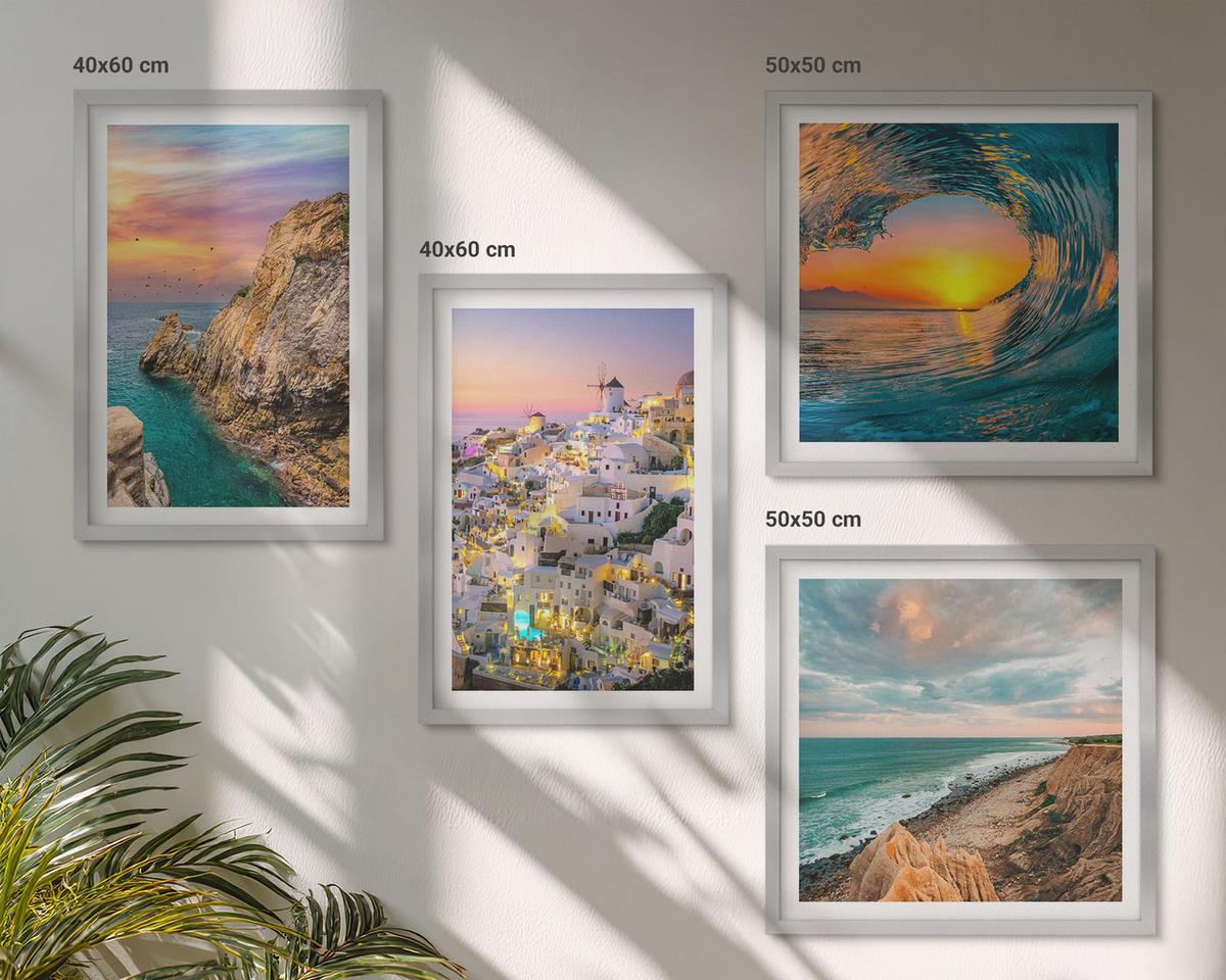 BILDER SET 4er Set - 50x50 cm & 40x60 cm Silberner Rahmen - Meereswellen, weiße Häuser, Santorini - Silberfarben, Kunststoff (50/50cm) - TULUP