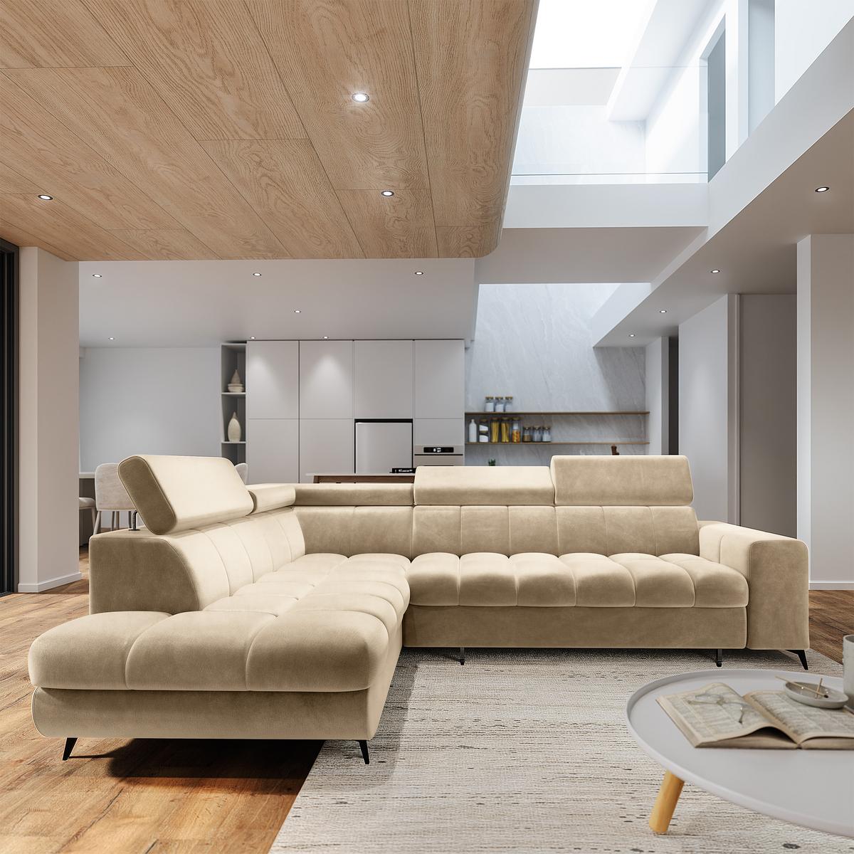ECKSOFA MORIVA L-S Creme Velours-Stoff mit Schlaffunktion - Creme, Holz (253/190cm) - MASSENO