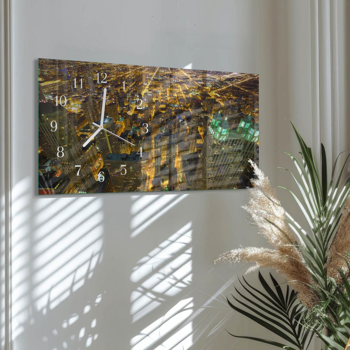 WANDUHR aus Glas 60x30 cm - Stadt bei Nacht - Gelb, Glas (60/30/0.4cm) - TULUP