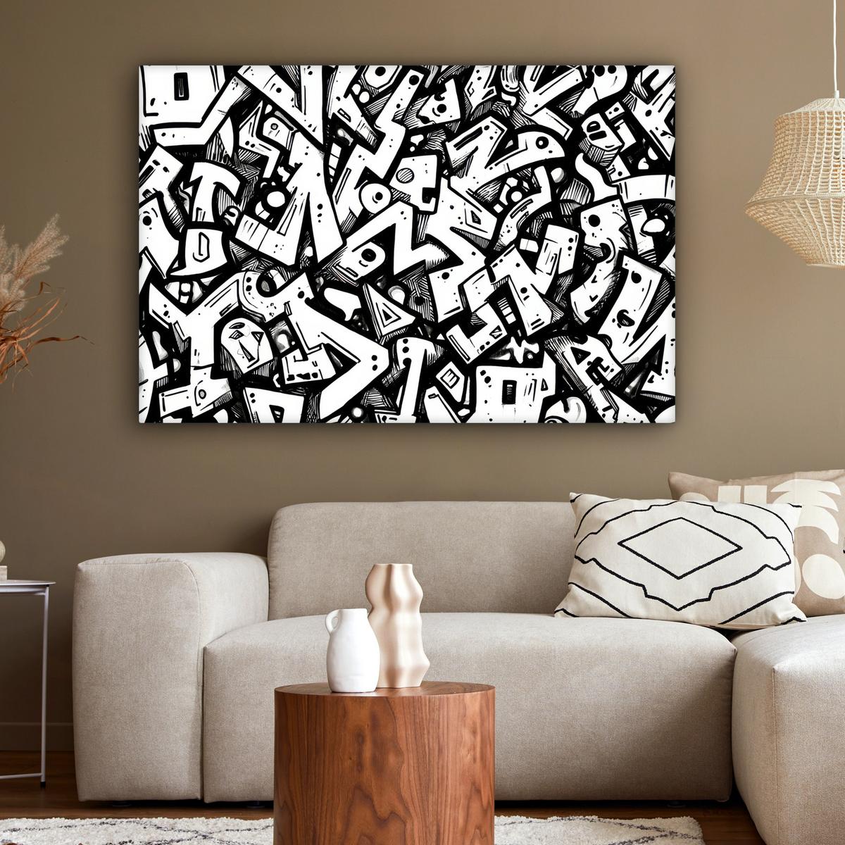 LEINWANDBILD Formen - Buchstaben - Graffiti - Schwarz Wohnzimmer Groß 120x80 cm - Schwarz, Textil (120/80cm) - MuchoWow