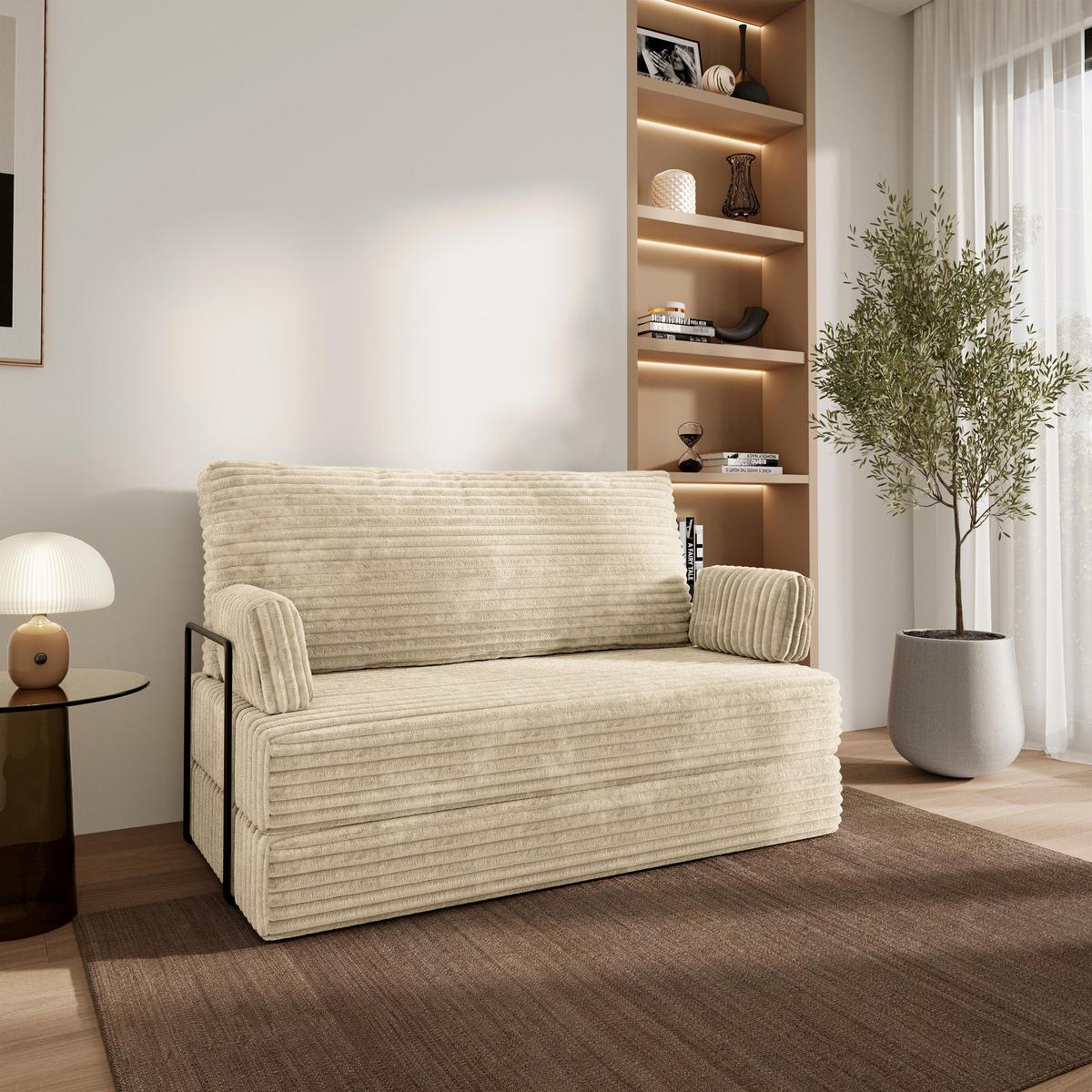 BETTSOFA LADIA aus Schaumstoff Cordstoff Creme Schlaffunktion - Creme, Textil (140/86/60cm) - MASSENO