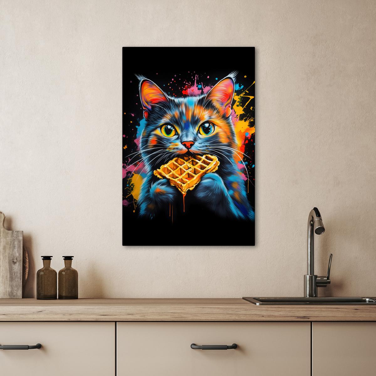 LEINWANDBILD Katze - Graffiti - Bunt - Waffel - Essen Wanddeko 40x60 cm - Türkis, Textil (40/60cm) - MuchoWow