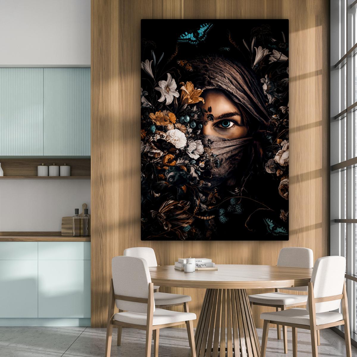 LEINWANDBILD Frau - Luxus - Blumen - Schmetterling - Porträt Deko Groß 90x140 cm - Schwarz, Textil (90/140cm) - MuchoWow