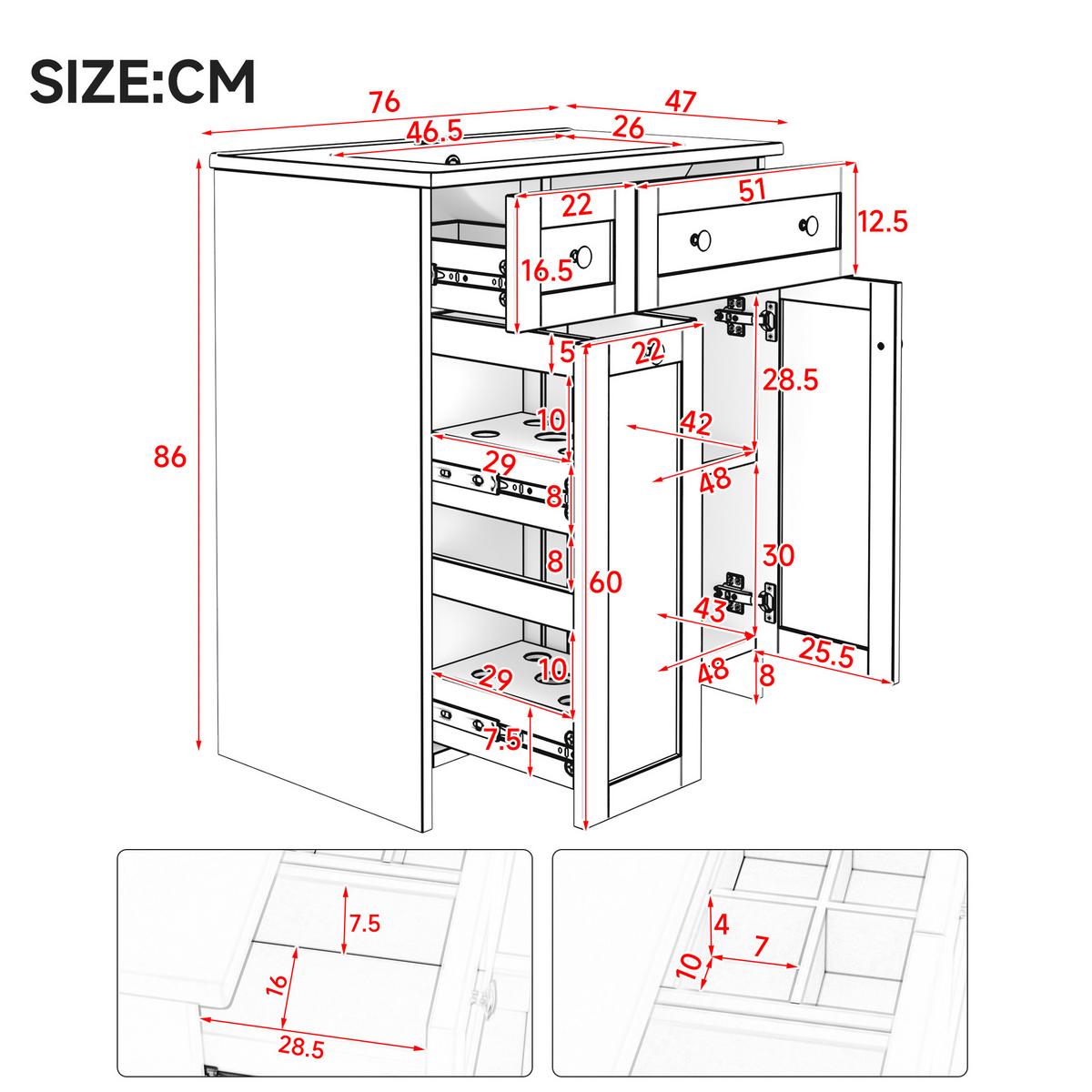 WASCHTISCH Freistehend Weiß mit Keramikbecken, 8-Fächer-Schublade - Weiß, Holzwerkstoff (76/86/47cm) - Urban Meuble