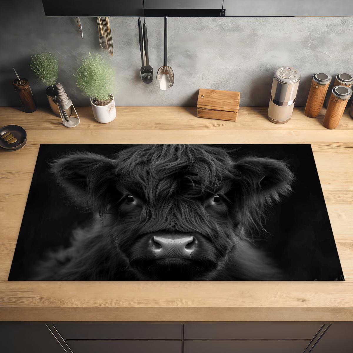 HERDABDECKPLATTE Scottish Highlander - Schwarz - Kalb - Kuh Ceranfeldabdeckung 90x52 cm - Schwarz, Kunststoff (90/52/0.2cm) - MuchoWow