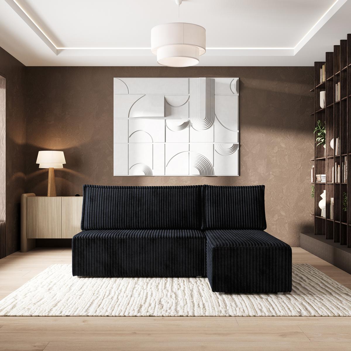 ECKSOFA BRISO T Schwarz Kordstoff mit Schlaffunktion - Schwarz/Grau, Holz/Kunststoff (200/140cm) - MASSENO