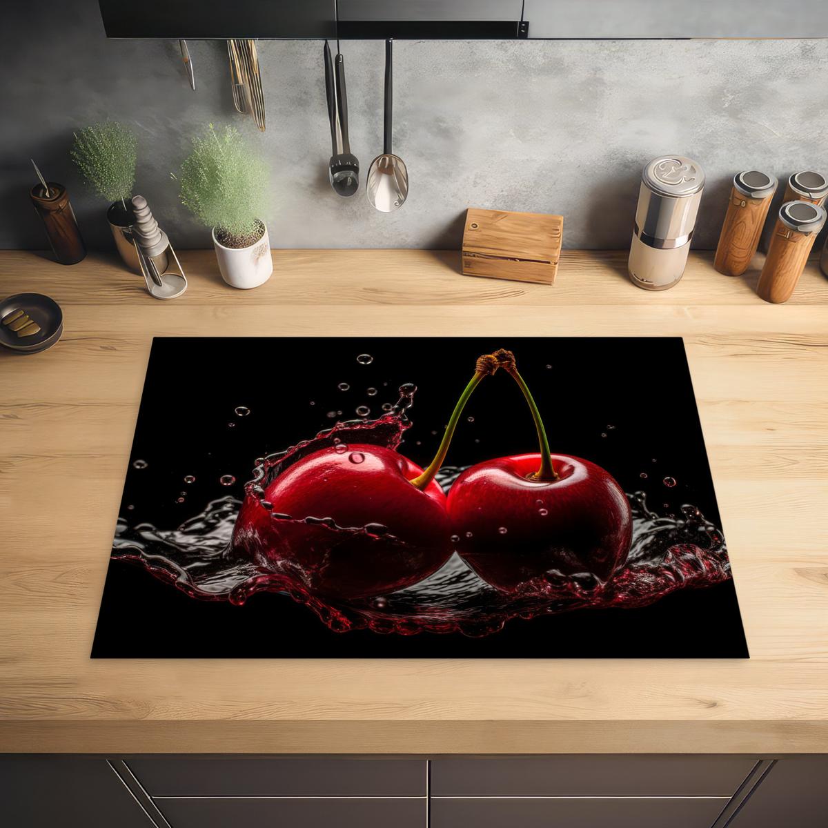 HERDABDECKPLATTE Kirsche - Rot - Frucht - Wasser - Schwarz Herdabdeckung Induktionsfeld 75x52 cm - Kirschrot, Kunststoff (75/52/0.2cm) - MuchoWow