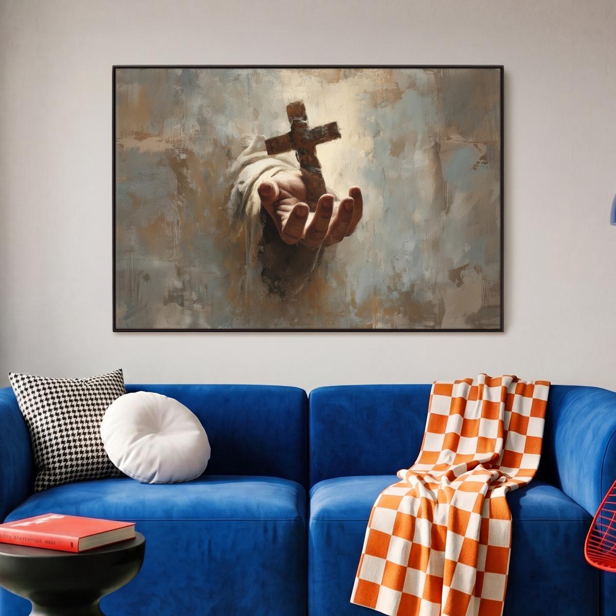 LEINWAND Bilder mit Rahmen - Abstrakt - Kreuz - Hand - Christentum - 90x60 - Hellbraun, Textil (90/60cm) - MuchoWow