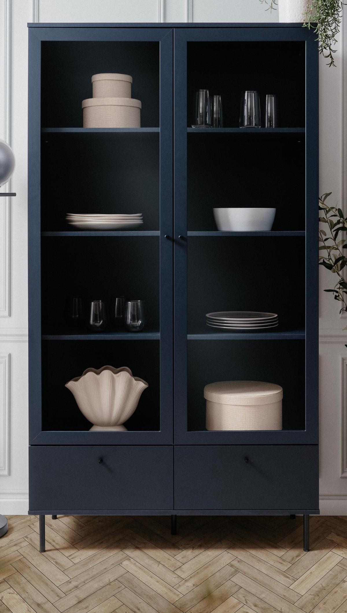 VITRINE blau 100 cm, Vitrinenschrank mit 8 Fächern - Blau/Schwarz, Glas/Holzwerkstoff (100/183/40cm) - Furn.Design