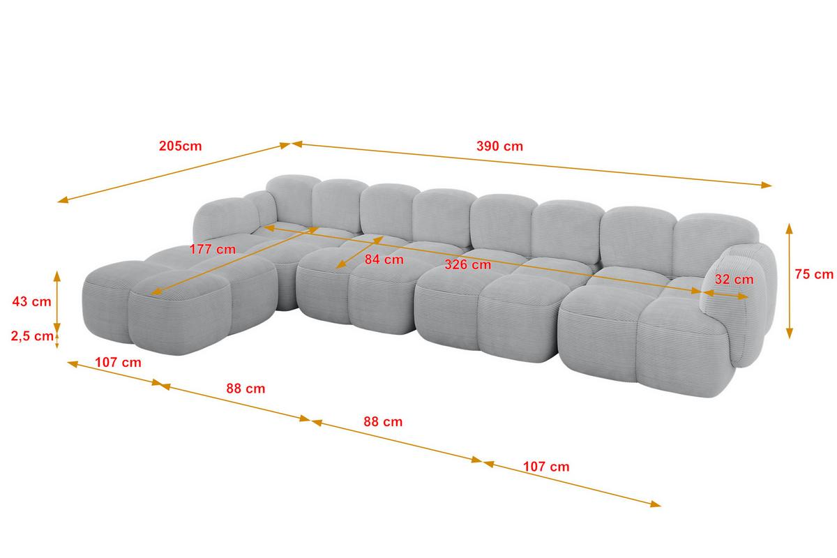 ECKSOFA modulares Sofa Links Miko-L3 390x205x75 Grau Cord - Anthrazit/Schwarz, Holzwerkstoff/Kunststoff (390/205cm) - ALTDECOR