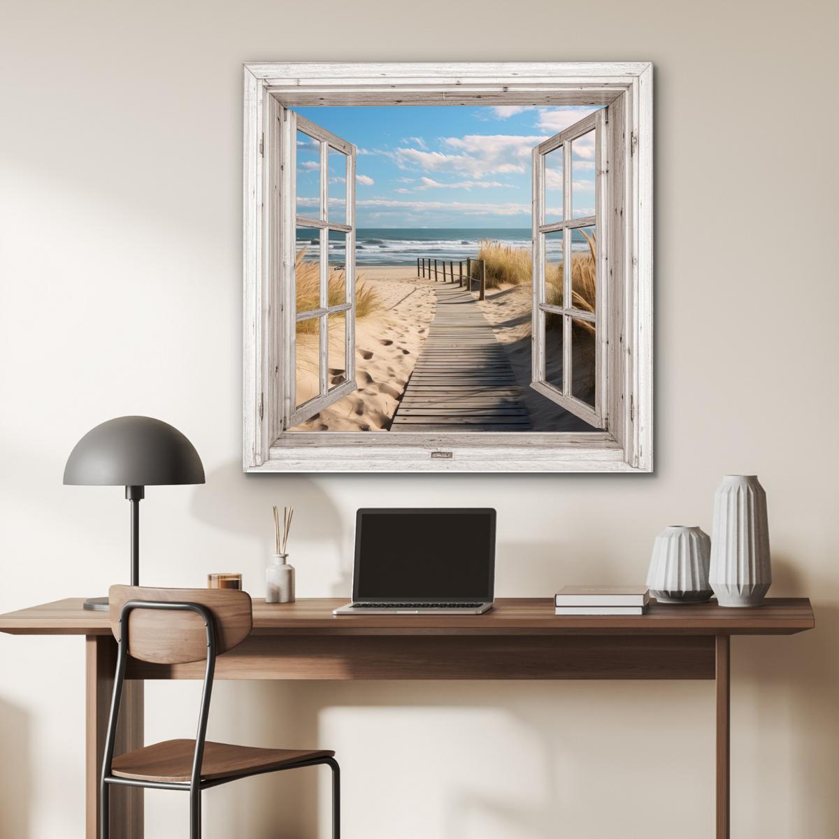 METALLBILD Fenster - Meer - Küste - Natur - Ausblick - Strand - Wattenmeer 90x90 cm - Beige, Metall (90/90cm) - MuchoWow