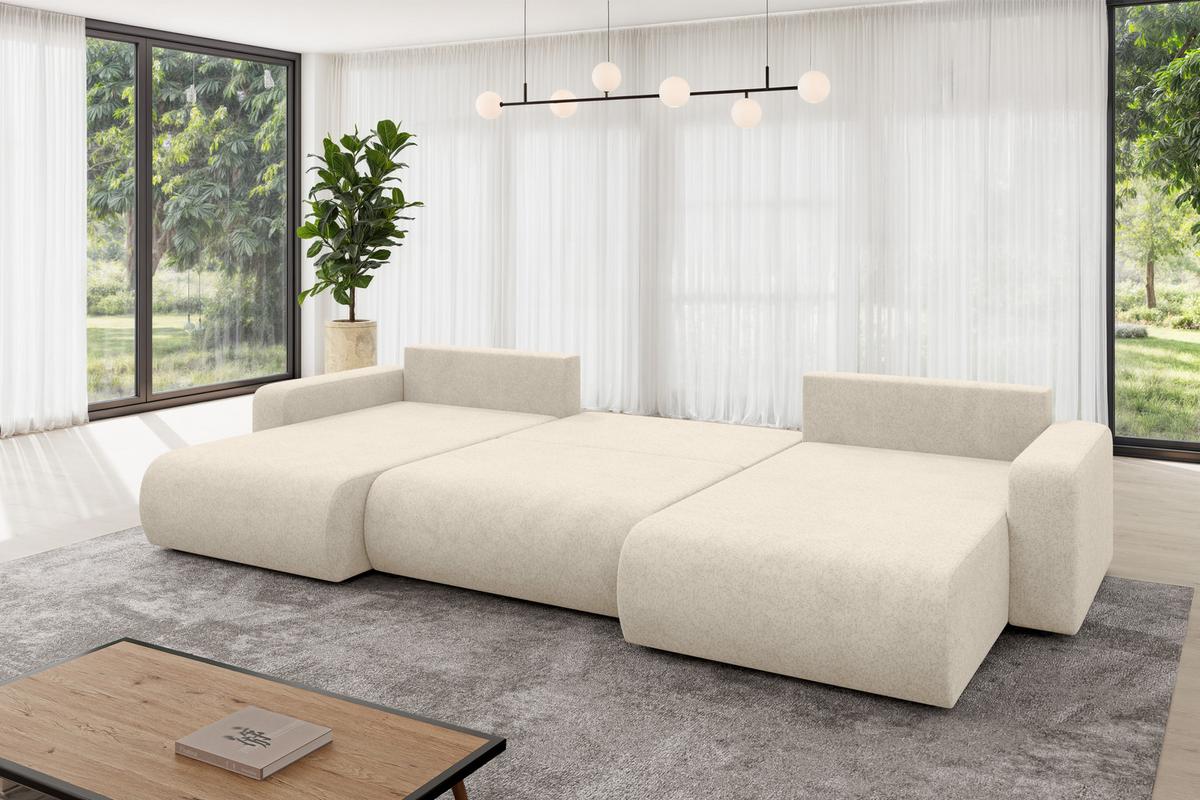 WOHNLANDSCHAFT mit Schlaffunktion und Bettkasten BERY-U 377x193x88 Creme Velours - Creme/Schwarz, Holzwerkstoff/Kunststoff (377/88/193cm) - ALTDECOR