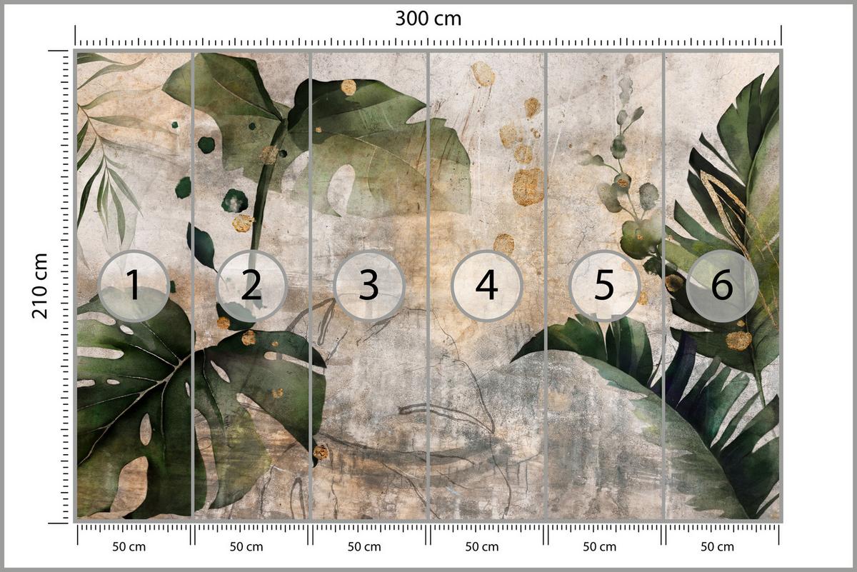 FOTOTAPETE für Schlafzimmer Tropisch Monstera Aquarell Retro 300x210 - Beige/Orange, Papier (300/210cm) - Muralo