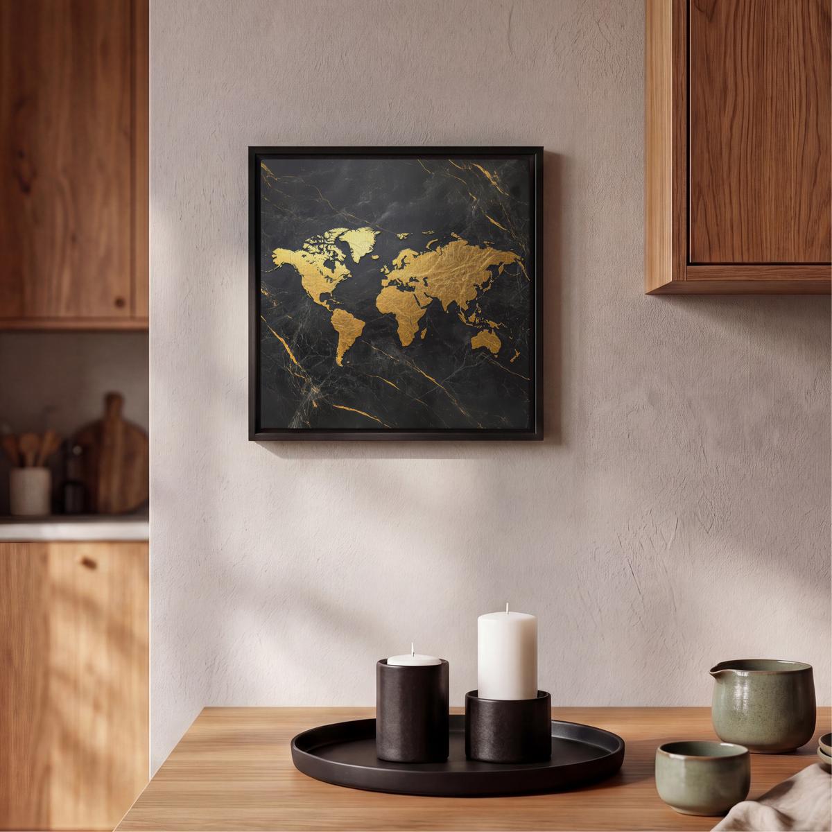 LEINWAND Bilder mit Rahmen - Weltkarte - Gold - Marmor - 20x20 - Goldfarben, Textil (20/20cm) - MuchoWow