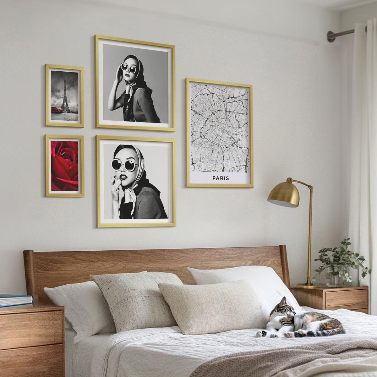 BILDER SET 5er Set - 50x50 cm & 20x30 cm & 40x60 cm Goldrahmen - Pariserin mit Eiffelturmbrille - Goldfarben, Kunststoff (40/60cm) - TULUP