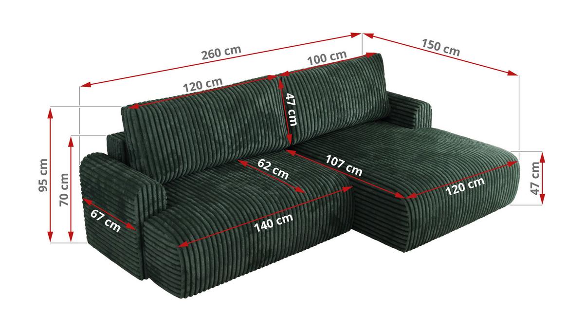 ECKSCHLAFSOFA TONO L Grün Cord - links - Schwarz/Grün, Kunststoff/Textil (260/150cm) - MKS