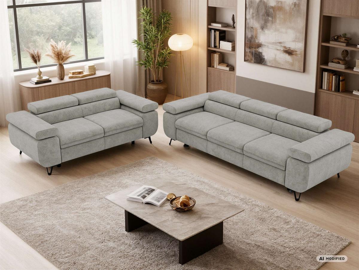 SITZGARNITUR PETERS 2+3 - Grau Stukture - Anthrazit/Schwarz, Textil/Metall (262/76/99cm) - MKS
