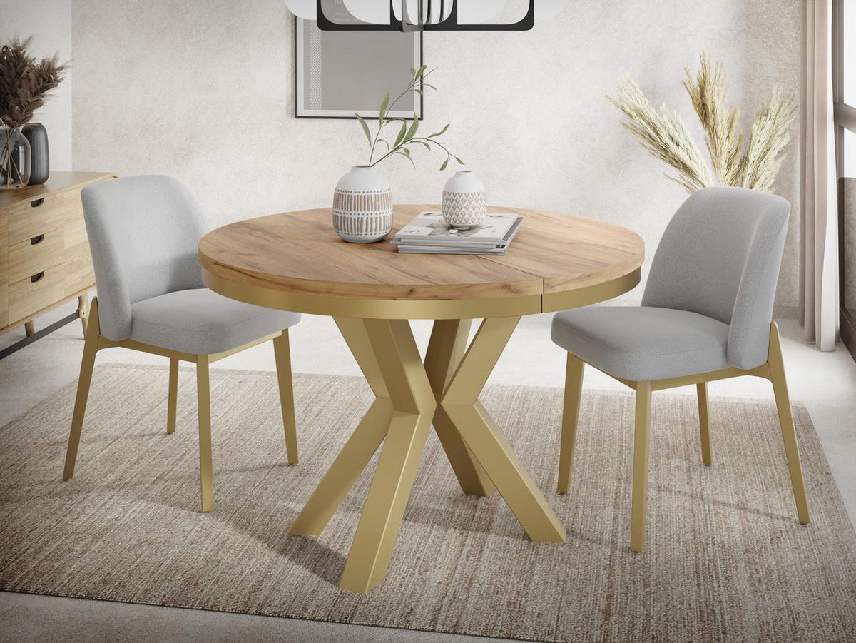 ESSTISCH Clara Gold runder ausziehbarer, Craft Eiche 100-180/100/76 cm - Eiche Wotan/Goldfarben, Holzwerkstoff/Metall (100/176/76cm) - WFL GROUP