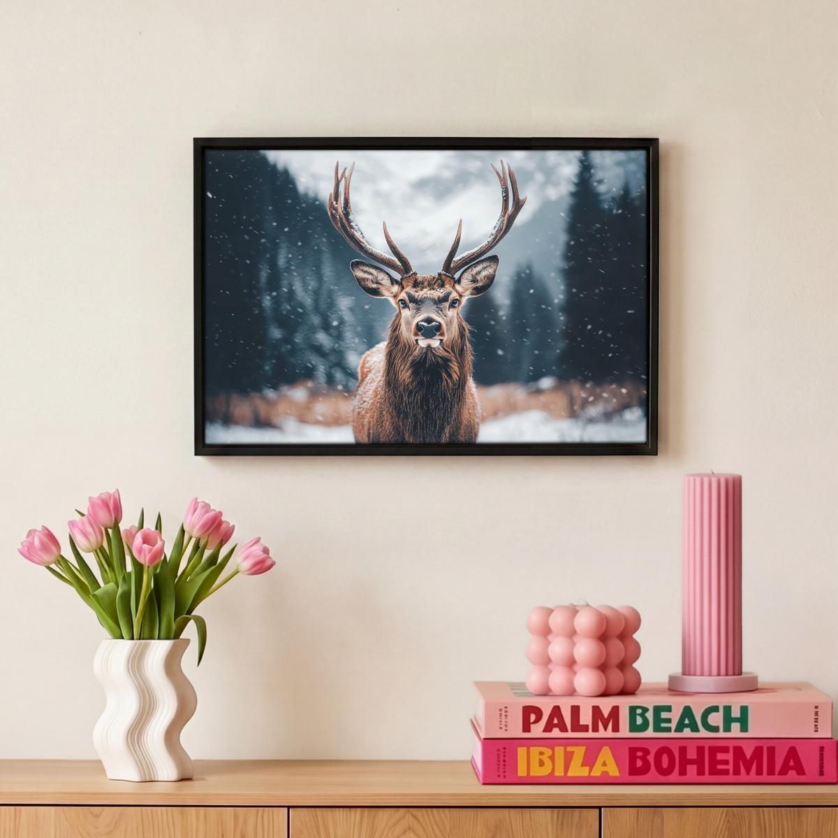LEINWAND Bilder mit Rahmen - Hirsche - Tiere - Landschaft - Winter - Schnee - 30x20 - Kastanienfarben, Textil (30/20cm) - MuchoWow