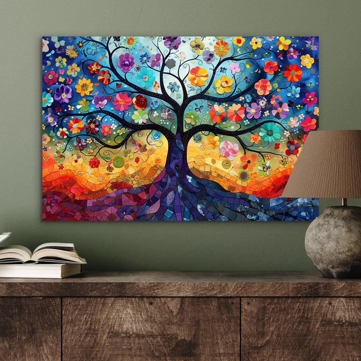 METALLBILD Kunst - Baum des Lebens - Blumen - Hippie Wandbild 60x40 cm - Dunkelblau, Metall (60/40cm) - MuchoWow