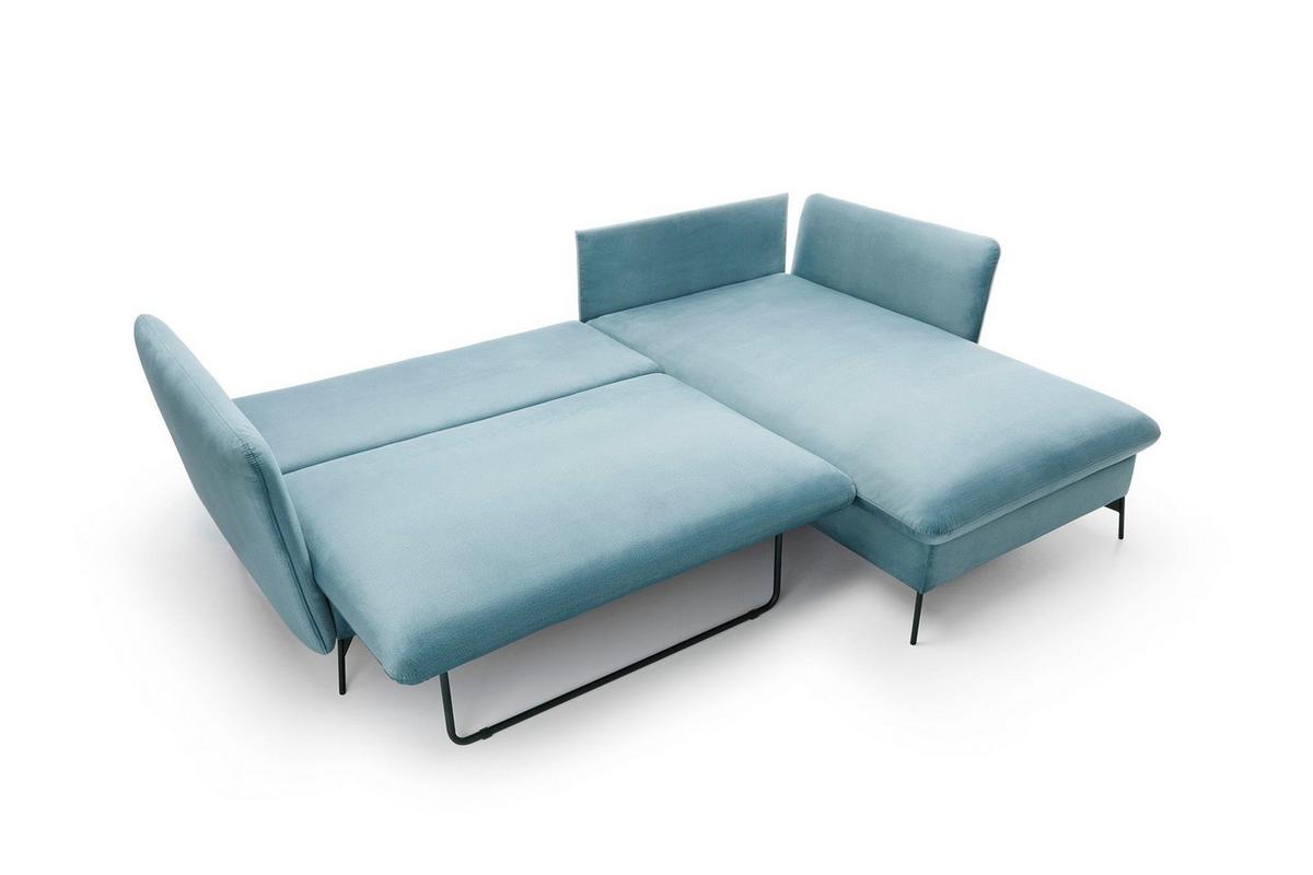 ECKSOFA FERRO Blau Velours-Stoff mit Schlaffunktion - Blau, Holz (258/167cm) - MASSENO