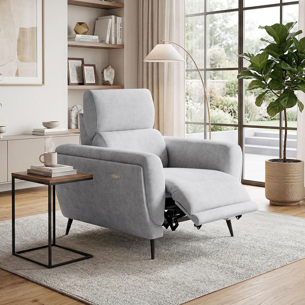 RELAXSESSEL Comfort, mit elektrischer Verstellung und verstellbarer Kopfstütze, Hellgrau - Hellgrau/Schwarz, Textil (103/97/102cm) - Beautysofa