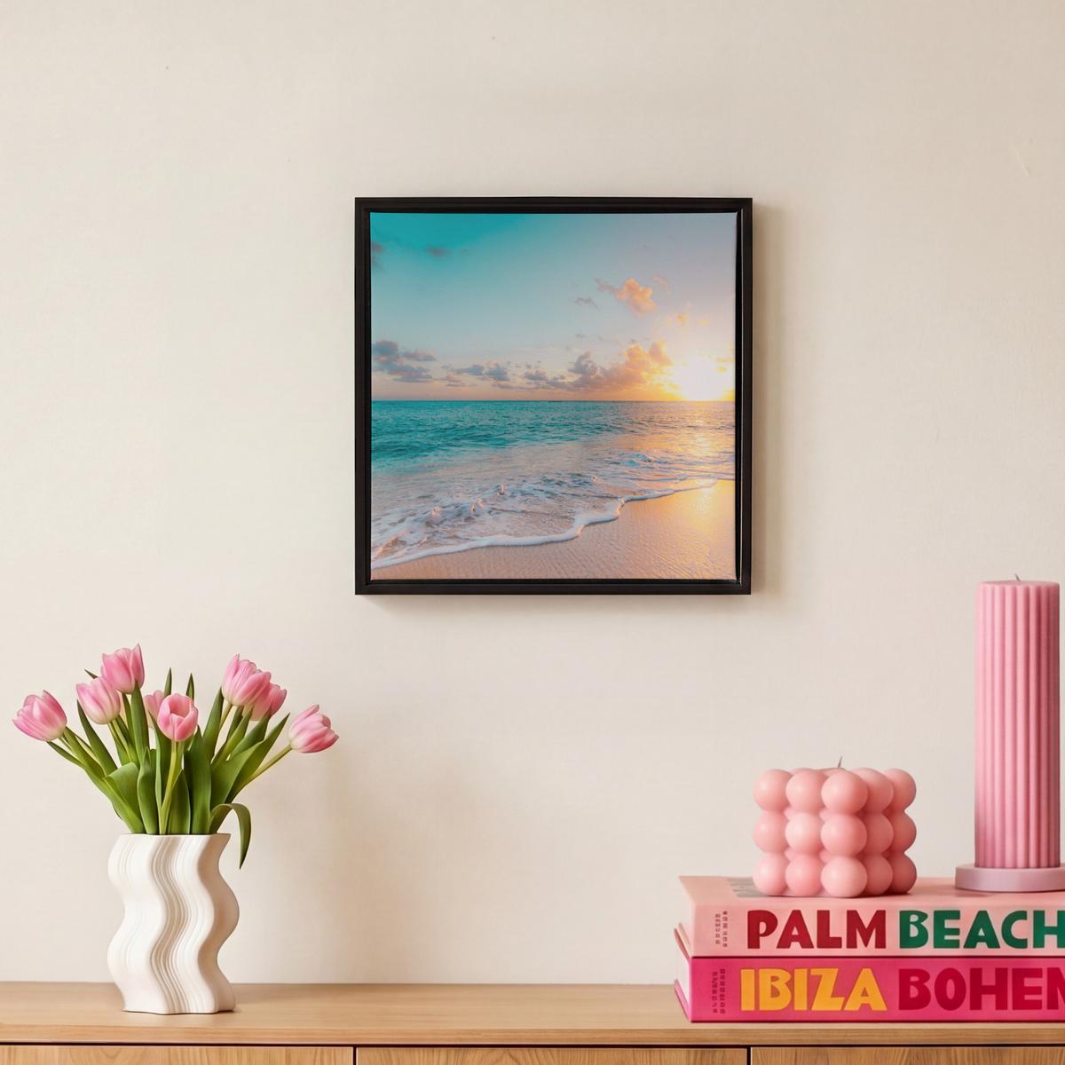 LEINWAND Bilder mit Rahmen - Sonnenuntergang - Strand - Meer - Sommer - Blau - 20x20 - Multicolor, Textil (20/20cm) - MuchoWow