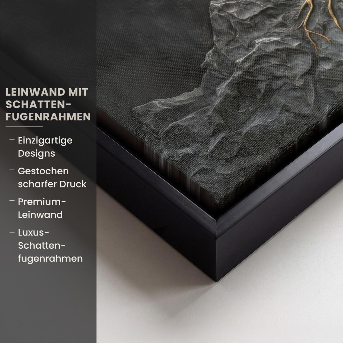 LEINWAND Bilder mit Rahmen - Blätter - Gold - Baum - Fels - 40x30 - Schwarz, Textil (40/30cm) - MuchoWow