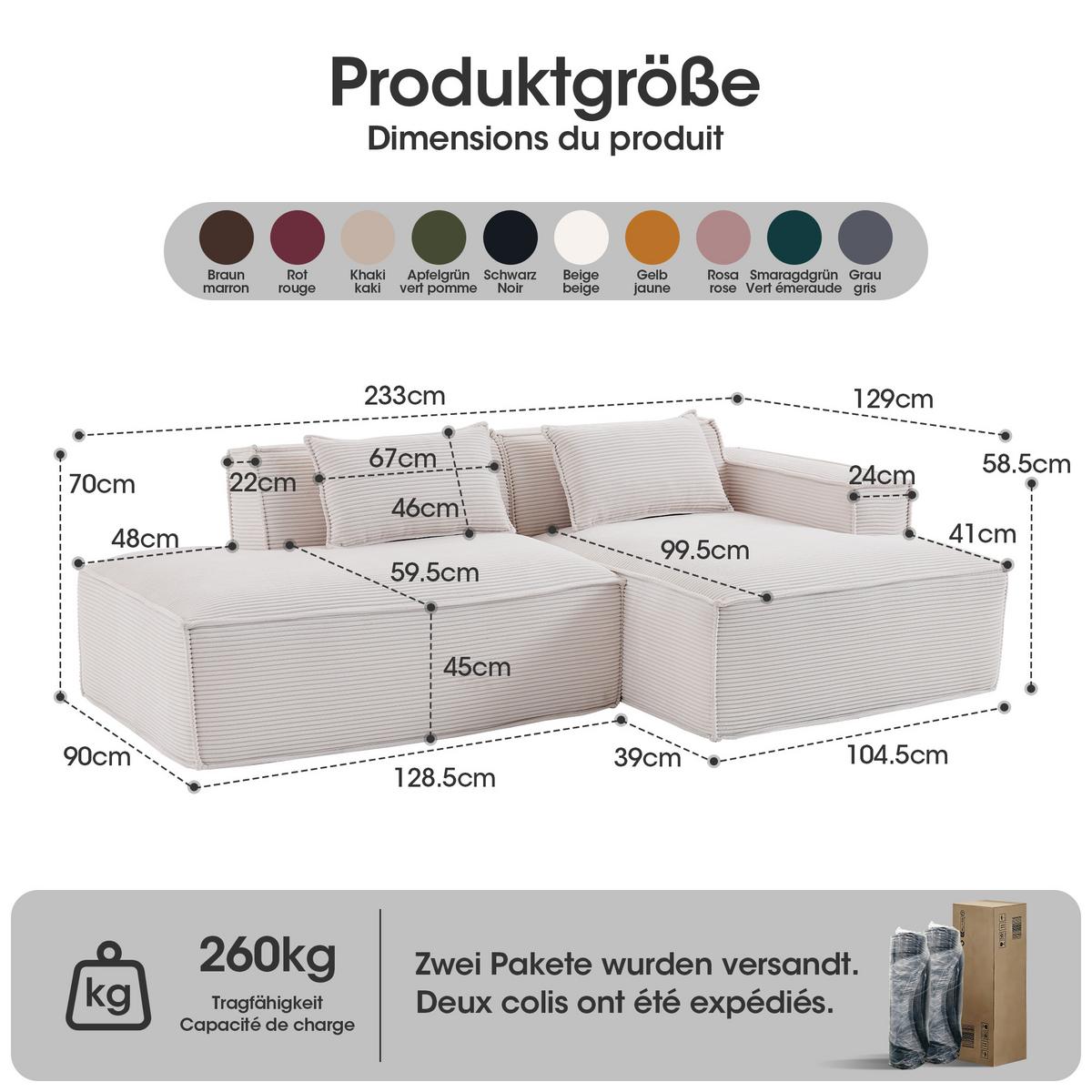ECKSOFA gepolstert mit taschenfederkern & 2 kissen - Beige, Textil (235/129cm) - Urban Meuble