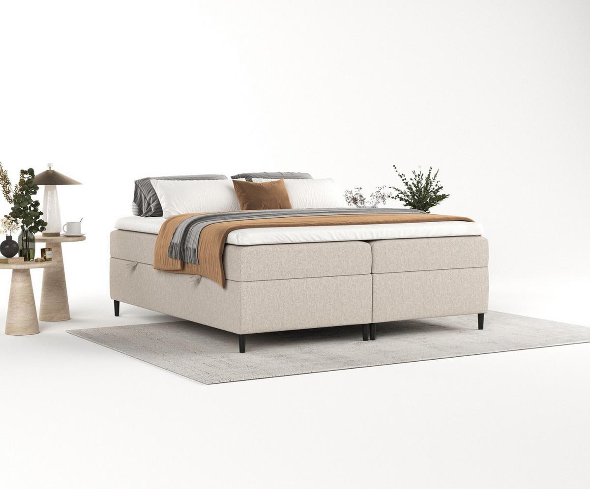 BOXBETT Theo 120/200 cm Hellbeige im Megan Stoff - Sandfarben/Schwarz, Holz/Holzwerkstoff (120/200cm) - AltaBeds