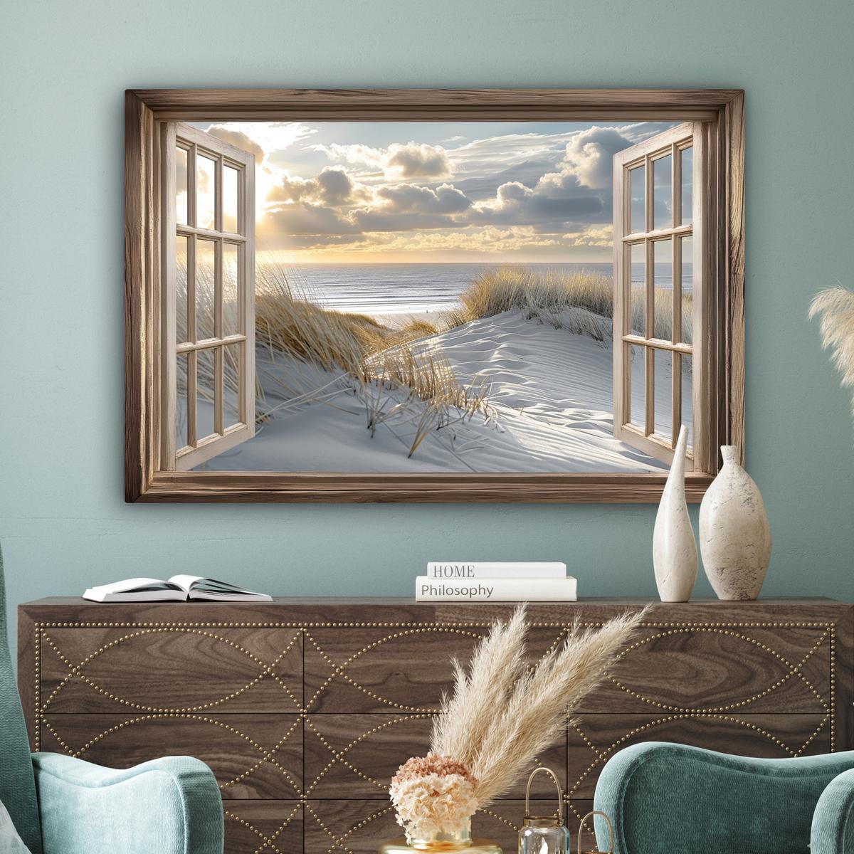 LEINWANDBILD Ausblick - Strand - Dünen - Meer - Natur Wohnzimmer Groß 120x80 cm - Sandfarben, Textil (120/80cm) - MuchoWow