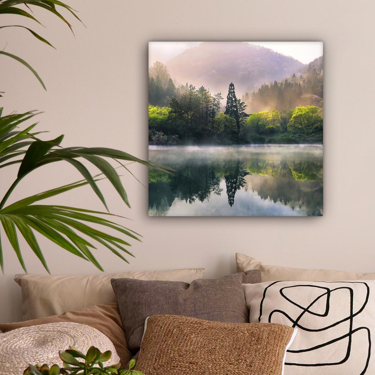LEINWANDBILD Natur - Bäume - Berge - See - Wasser Wandbild Wohnzimmer 50x50 cm - Hellgrün, Textil (50/50cm) - MuchoWow