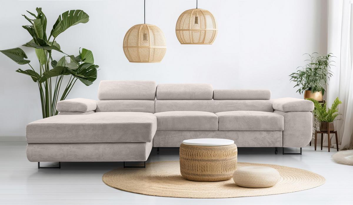 ECKSOFA L Form Arborio Zartweiß 280/203/90 cm Links mit Schlaffunktion - Creme/Schwarz, Textil/Metall (203/280cm) - AX Living