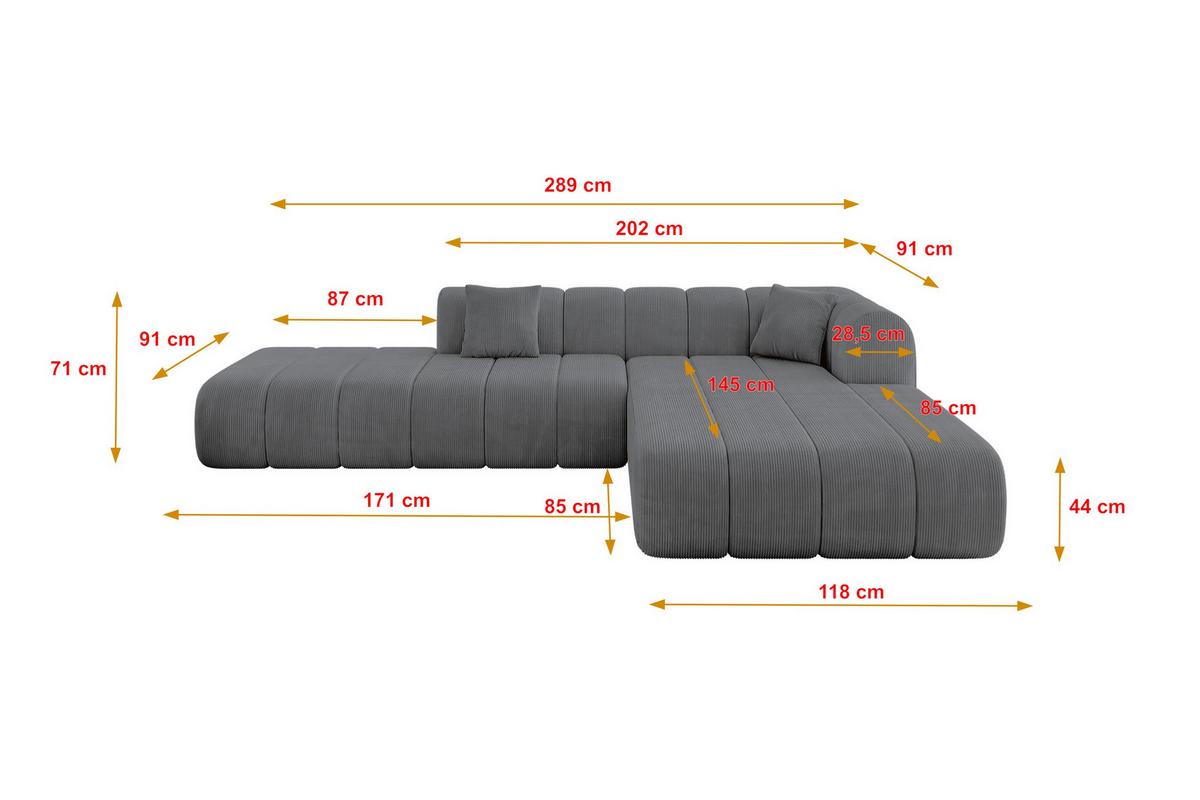 ECKSOFA Ottomane Rechts BILA-L 289x176x71 Dunkelgrau Cord - Dunkelgrau/Anthrazit, Holzwerkstoff/Kunststoff (289/176cm) - ALTDECOR