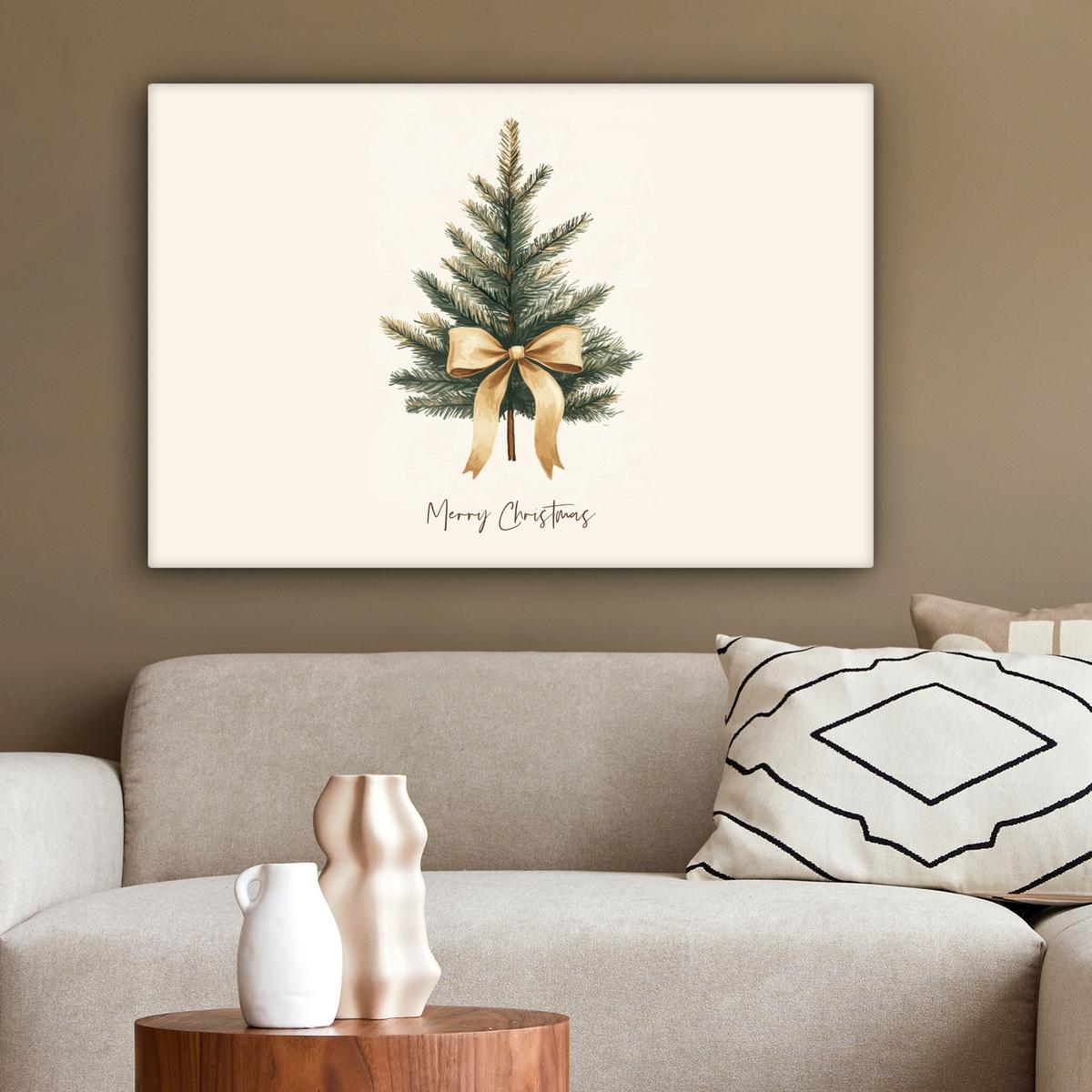 LEINWANDBILD Weihnachtsbaum - Weihnachten - Frohe Weihnachten - Beige Wanddeko 90x60 cm - Sandfarben, Textil (90/60cm) - MuchoWow