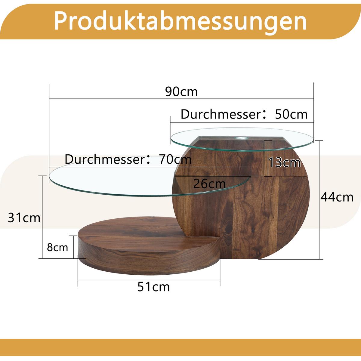 COUCHTISCH glas walnuss mehrstufig stauraum - Walnussfarben, Holzwerkstoff (70/90/44cm) - Urban Meuble