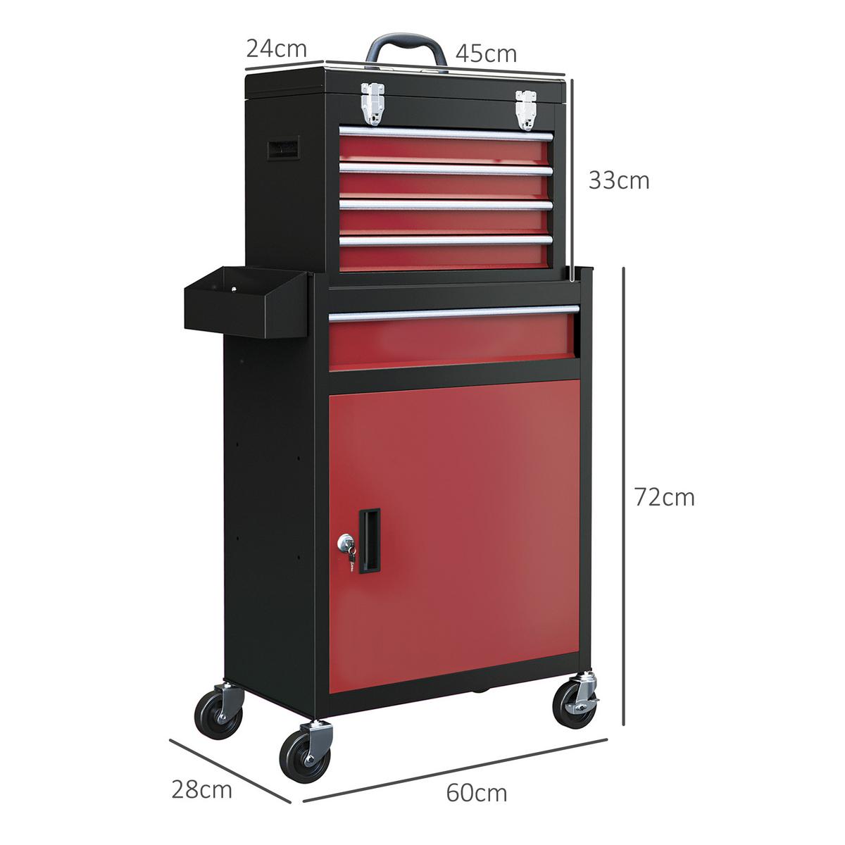 WERKSTATTWAGEN mit Rollen, mit 5 Schubladen, Max. Belastung 130kg, Schwarz+Rot - Rot, Metall (28/102/60cm) - HOMCOM