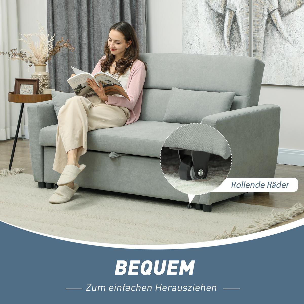 SCHLAFSOFA, 2-Sitzer Sofa mit Schlaffunktion, Verstellbare Rückenlehne, Hellgrau - Hellgrau, Textil (90/88.5/155cm) - HOMCOM