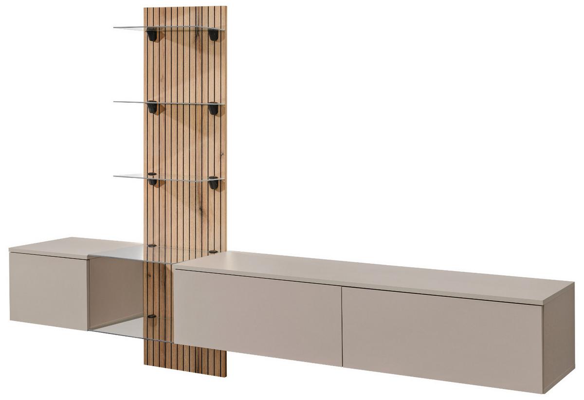 WOHNWAND Grau Lehm, Evoke Eiche 220 cm hängend, Schrankwand mit LED und Push-to-Open - Eichefarben/Hellgrau, Glas/Holzwerkstoff (220/150/40cm) - Inn.Furn