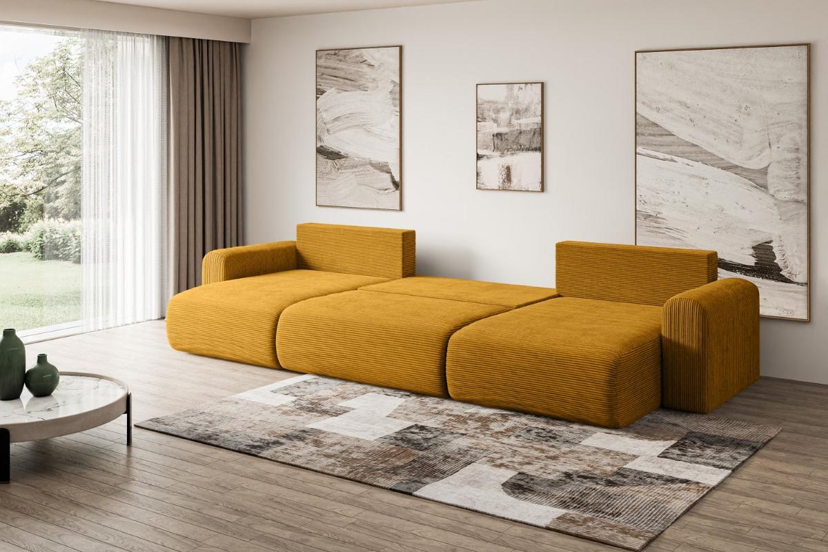 WOHNLANDSCHAFT mit Schlaffunktion und Bettkasten ORRO-U - 362x145x83 cm Senfgelb Cord - Gelb/Schwarz, Holzwerkstoff/Kunststoff (362/83/145cm) - ALTDECOR