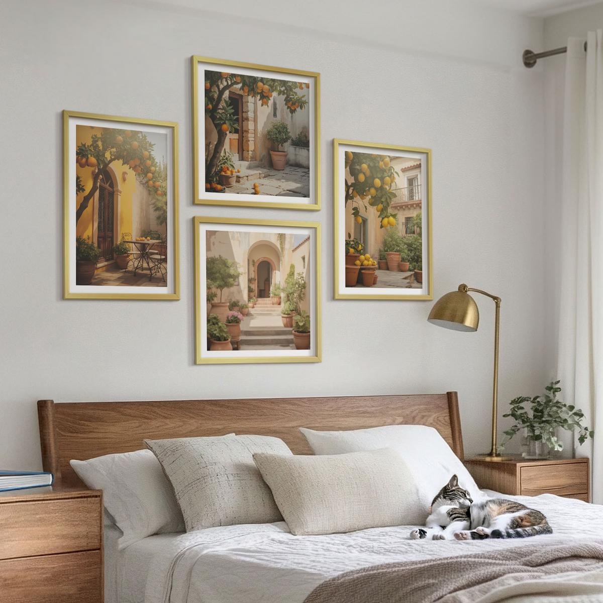 BILDER SET 4er Set - 50x50 cm & 40x60 cm Goldrahmen - Terrasse mit Zitrusbäumen - Goldfarben, Kunststoff (50/50cm) - TULUP