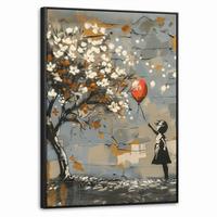 LEINWAND Bilder mit Rahmen - Baum - Graffiti - Banksy-Stil - Ballon-Mädchen - 50x70 - Blaugrau, Textil (50/70cm) - MuchoWow