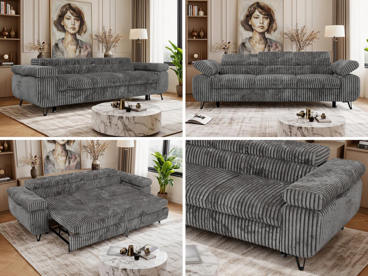 3-SITZER SOFA PETER mit Schlaffunktion - Grau Cord - Schwarz/Grau, Textil/Metall (262/76/99cm) - MKS