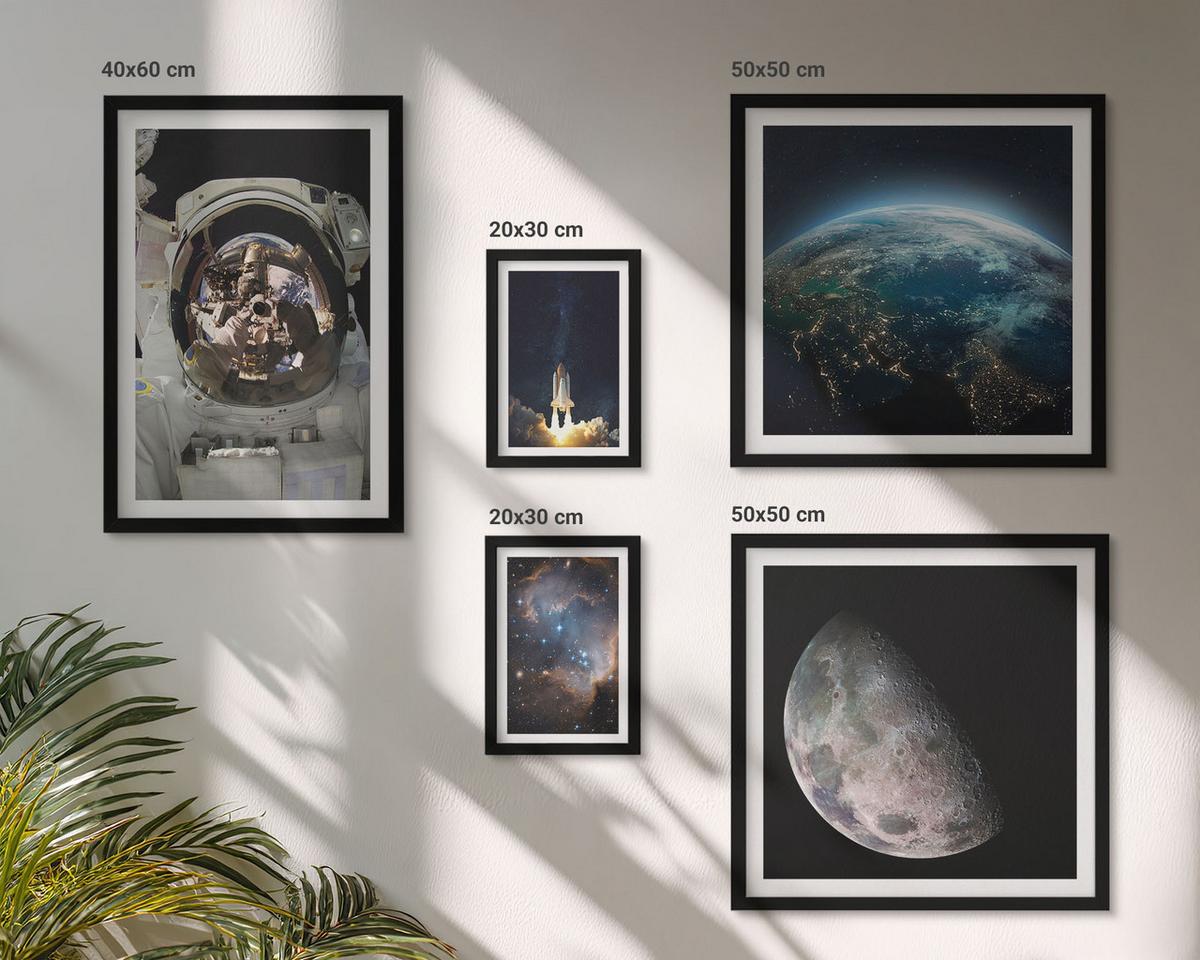 BILDER SET 5er Set - 50x50 cm & 20x30 cm & 40x60 cm Schwarzer Rahmen - Weltraum Erde Rakete Galaxie - Schwarz, Kunststoff (40/60cm) - TULUP